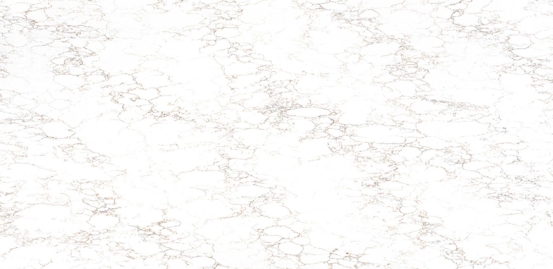 Enza Oro quartz slab with warm golden veining on a creamy white background